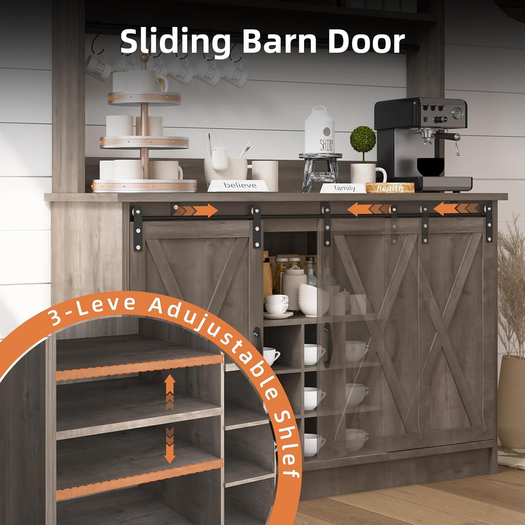 4ever2buy Farmhouse Coffee Bar Cabinet with 3 Storage Hutch, 47' Coffee Bar with Sliding Barn Doors, Hutch Cabinet with 6 Hooks & 9 Wine Racks for Dining Room, Kitchen, Wash Grey