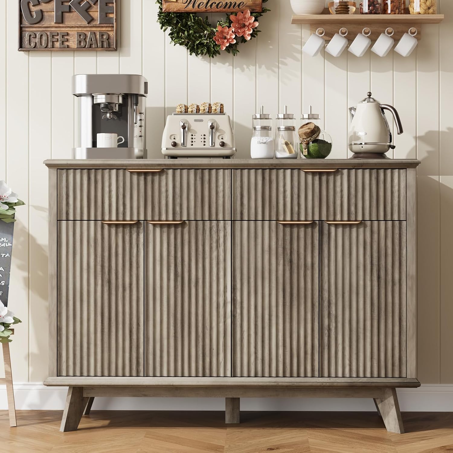 QUW Fluted Buffet Sideboard Cabinet with Storage, 47.2' Kitchen Cabinet with Drawers and Adjustable Shelves, Modern Coffee Bar with Charging Station, for Dining Room, Living Room, Grey