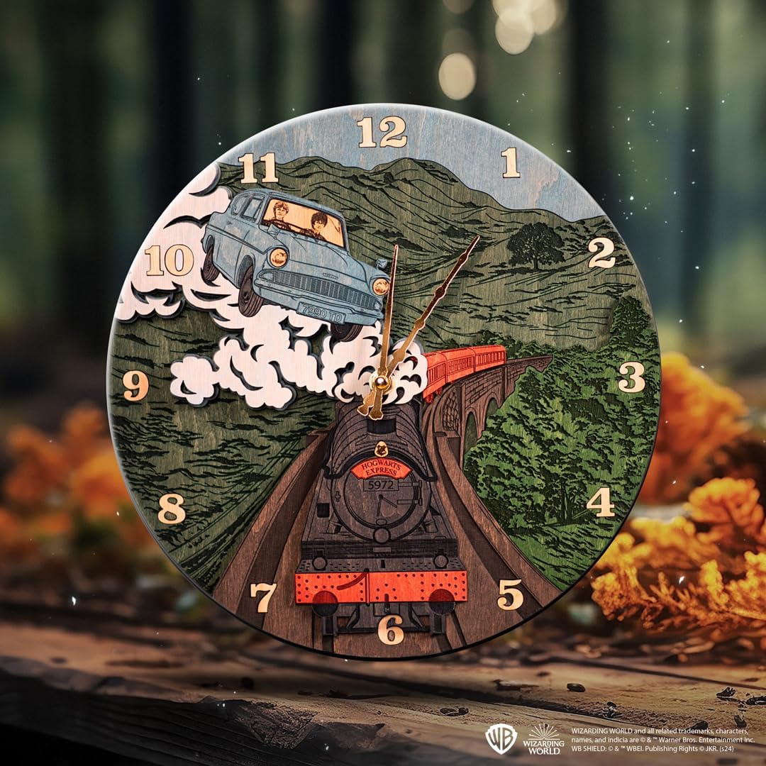 Hogwarts Express Round Clock - Harry Potter 3D Wall Clock - Unique Collectible Wooden Clock, Silent Modern Rustic Decorative Home Decor for Harry Potter Fans (L)