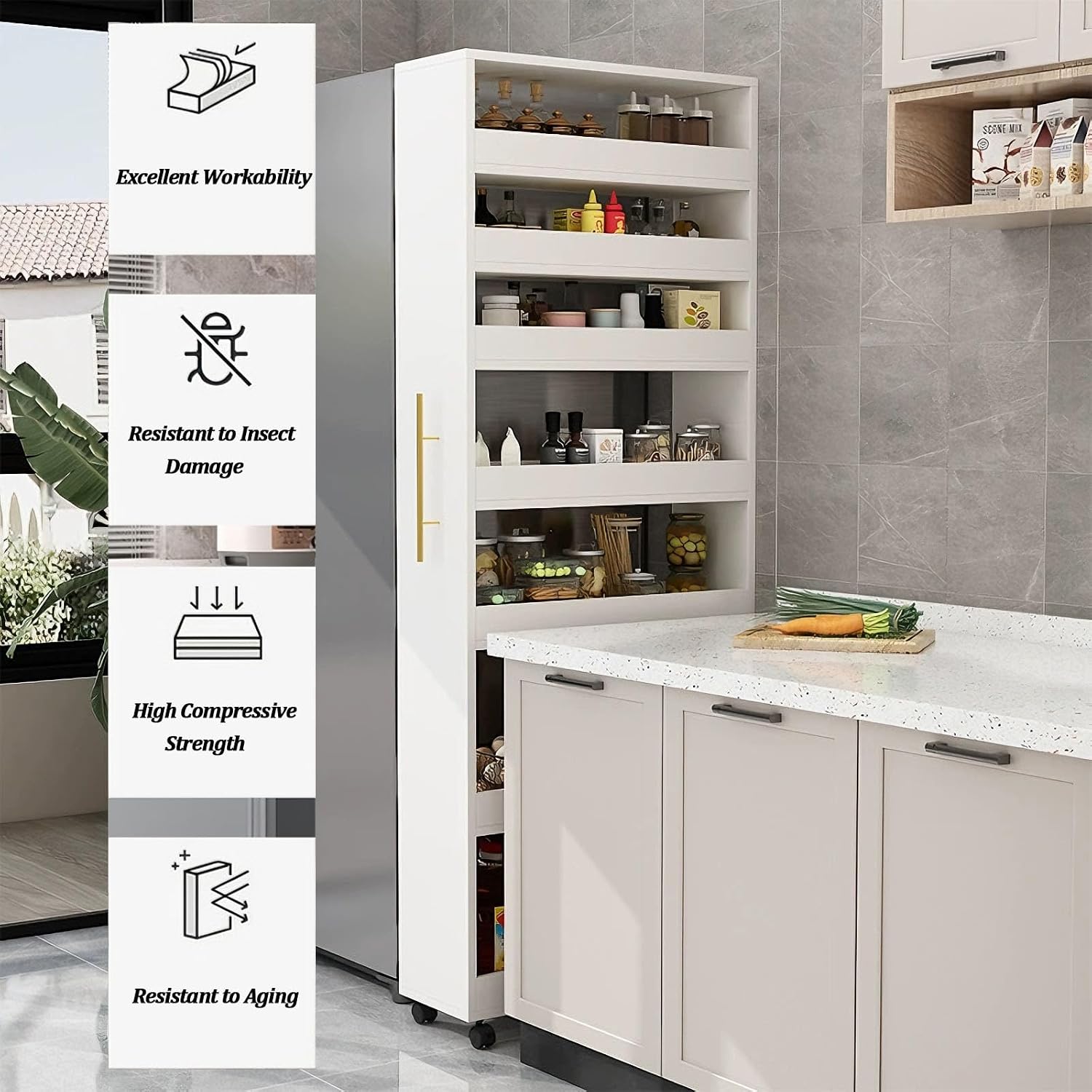 7-Tier Slim Storage Cart, Wooden Rolling Pantry Cabinet with Wheels, Narrow Shelf Organizer for Kitchen, Bakers Rack, Dining Room, Closet,White,D19.7 xW5.9 xH73.2