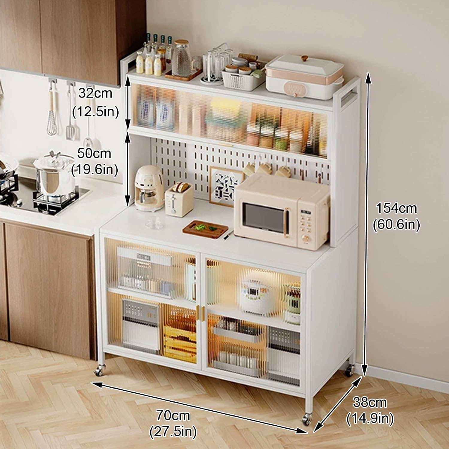 Bakers Racks for Kitchens with Storage, Kitchen Storage Cabinet, Large Bakers Rack with Cabinet, with Wheels and Hooks(White,70cm)