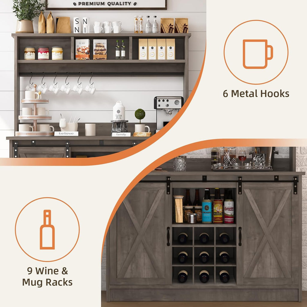 4ever2buy Farmhouse Coffee Bar Cabinet with 3 Storage Hutch, 47' Coffee Bar with Sliding Barn Doors, Hutch Cabinet with 6 Hooks & 9 Wine Racks for Dining Room, Kitchen, Wash Grey