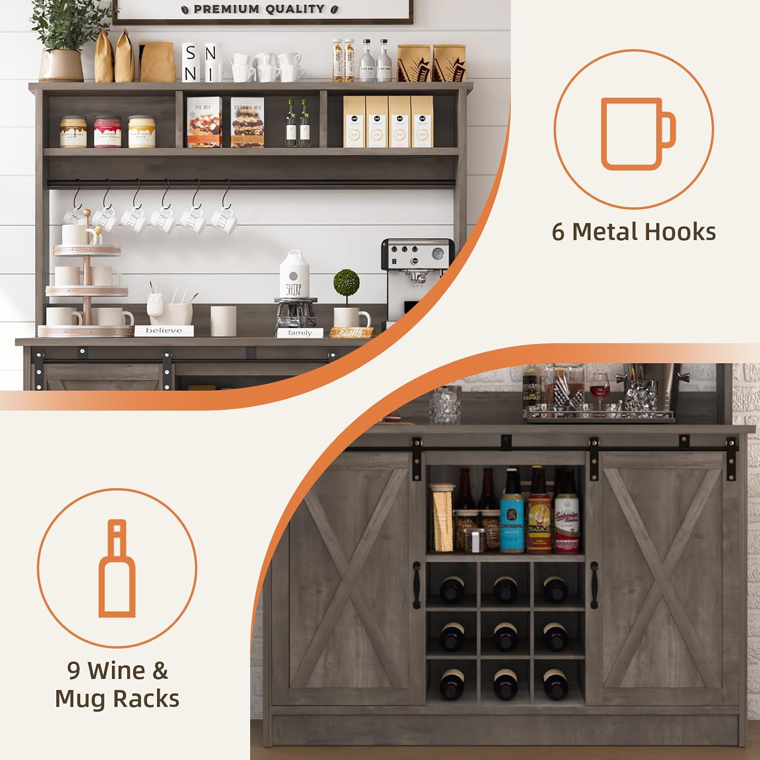4ever2buy Farmhouse Coffee Bar Cabinet with 3 Storage Hutch, 47' Coffee Bar with Sliding Barn Doors, Hutch Cabinet with 6 Hooks & 9 Wine Racks for Dining Room, Kitchen, Wash Grey