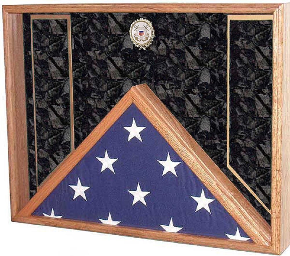 Military Burial Flag and Medal Display Case - Shadow Box for 5x9.5 Burial / Casket Flag (USCG Emblem / Black Velvet)