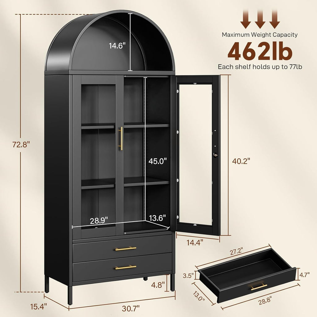 Holiwei 73' Tall Arched Cabinet, Metal Kitchen Pantry with Glass Doors, Modern Display Cabinet with 2 Drawers and 2 Adjustable Shelves for Living Room