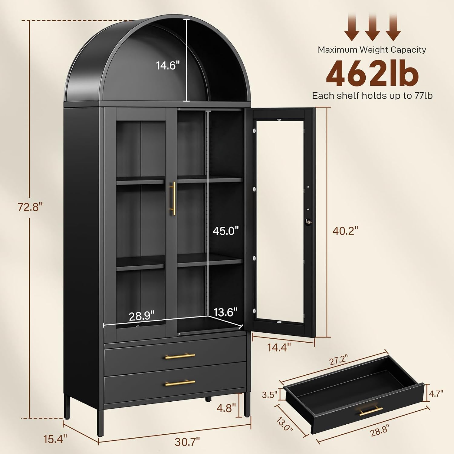 Holiwei 73' Tall Arched Cabinet, Metal Kitchen Pantry with Glass Doors, Modern Display Cabinet with 2 Drawers and 2 Adjustable Shelves for Living Room