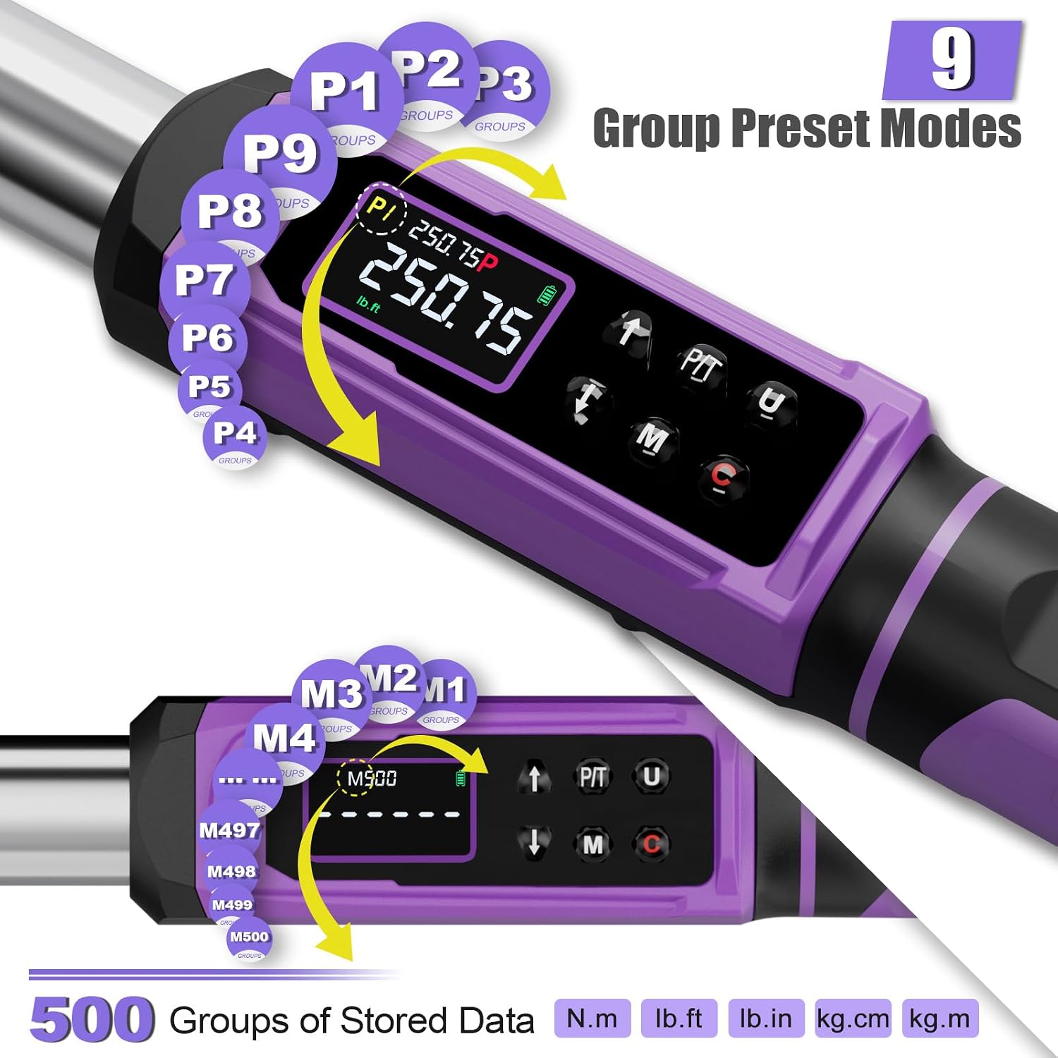 ANPUDS Digital Torque Wrench Set 3/8' & 1/2' Drive, ±1% Accuracy | 0.66-44.25 Ft-lb & 3.76-250.75 Ft-lb, Electric Torque Wrench with Vibration/Buzze/LED Flash Alert, for Car Motor Bike Repair
