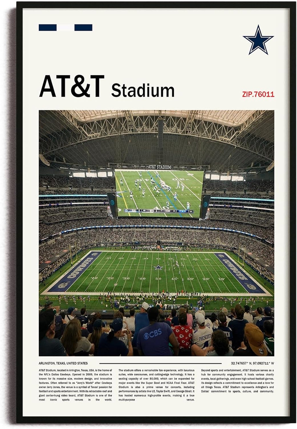 (Metal Frame 20'x30') AT&TStadium Canvas Print – Dallas Home Field Wall Art for Cowboys Fans, Sports poster for Game Room or Man Cave Decor