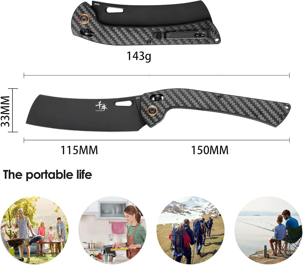 SENBON foldable chef's knife, AUS-8 stainless steel with black titanium plating, carbon fiber handle with back clip, Fruit knife, bread knife 4-piece set