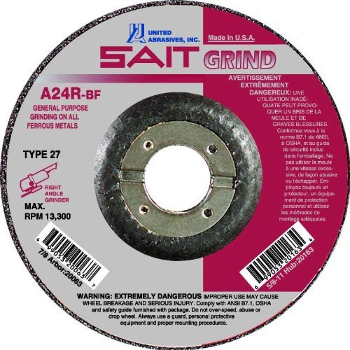 United Abrasives- SAIT 22070 Type 27 Grinding Wheel, 5 x 3/32 x 7/8, A24R, 25-Pack