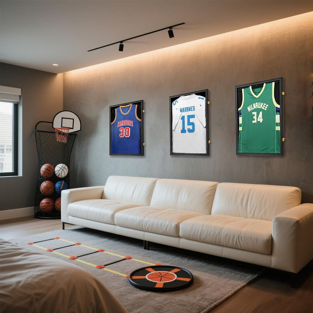 Jersey Frame Display Case 8 Pack-Wood Jersey Display Shadow Box- Lockable Jersey Frame with 2 Wall Hangers and UV Protected Acrylic for Football Baseball Basketball Jersey-Black