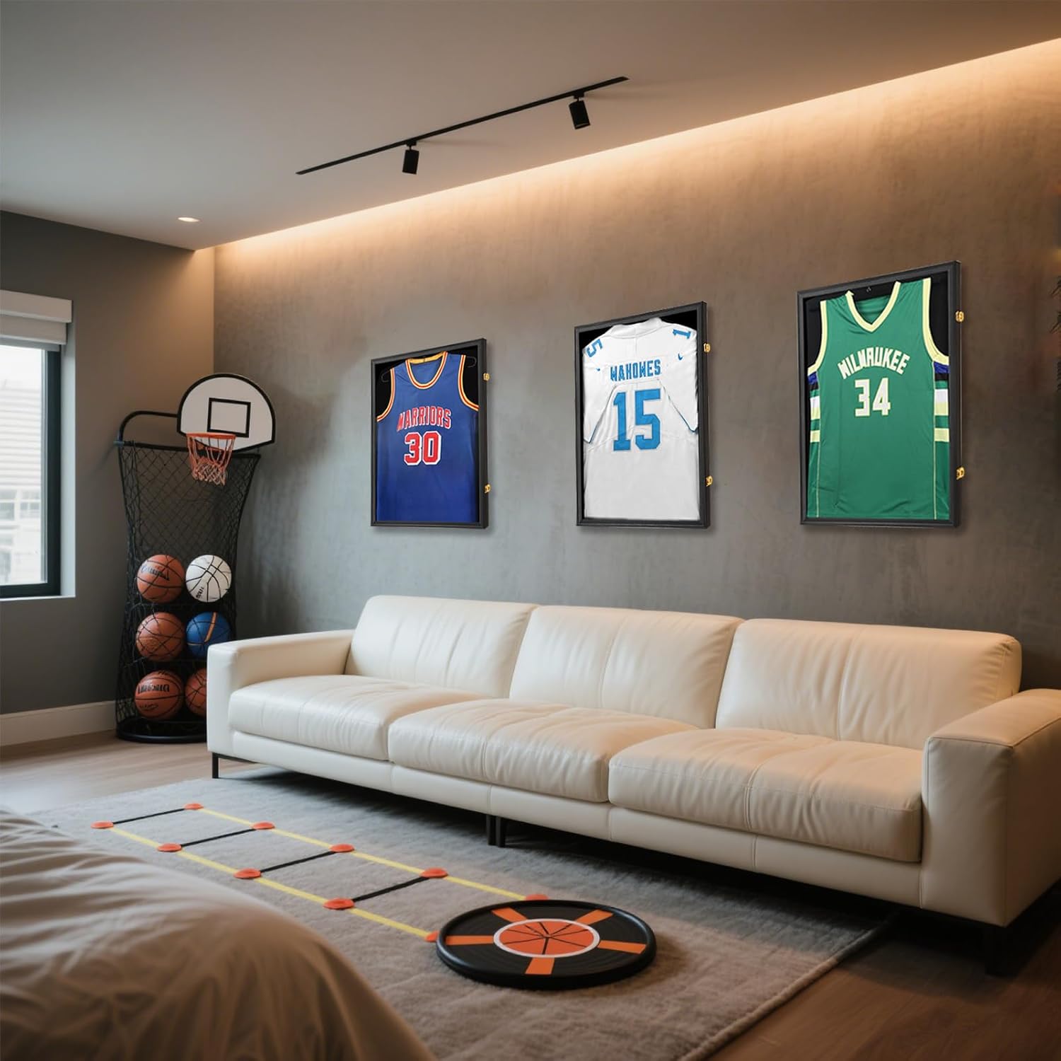 Jersey Frame Display Case 8 Pack-Wood Jersey Display Shadow Box- Lockable Jersey Frame with 2 Wall Hangers and UV Protected Acrylic for Football Baseball Basketball Jersey-Black