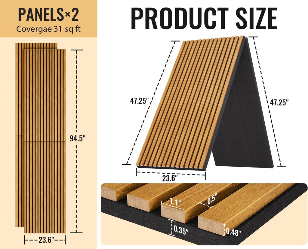 PrimeZone Wood Acoustic Wall Panels - 2 PCS 94.5' x 23.6' (31 sq ft) 3D Fluted Slat Sound Proof Wall Paneling, Sound Absorbing & Noise Reduction Interior Decor Panels for Living Room, Bedroom, Teak