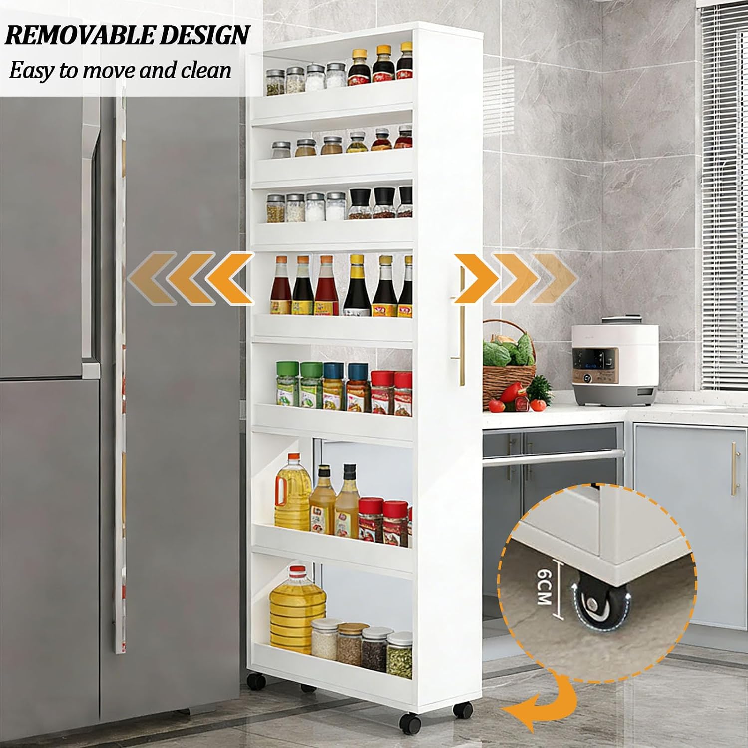 7-Tier Slim Storage Cart, Wooden Rolling Pantry Cabinet with Wheels, Narrow Shelf Organizer for Kitchen, Bakers Rack, Dining Room, Closet,White,D19.7 xW5.9 xH73.2