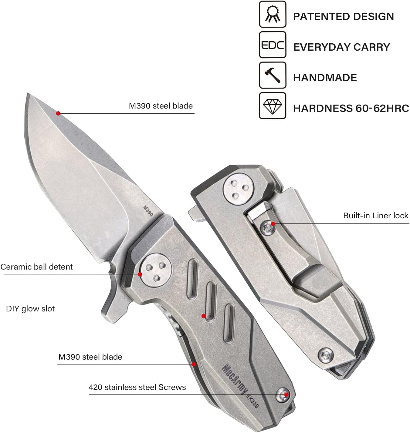 MecArmy EK33S Mini Pocket Folding Knife with Clip, One Hand Quick Opening Knives with Liner Lock for Men Titanium Handle M390 Blade EDC Knife, Aluminum EDC box and Kydex sheath included (Stonewashed)