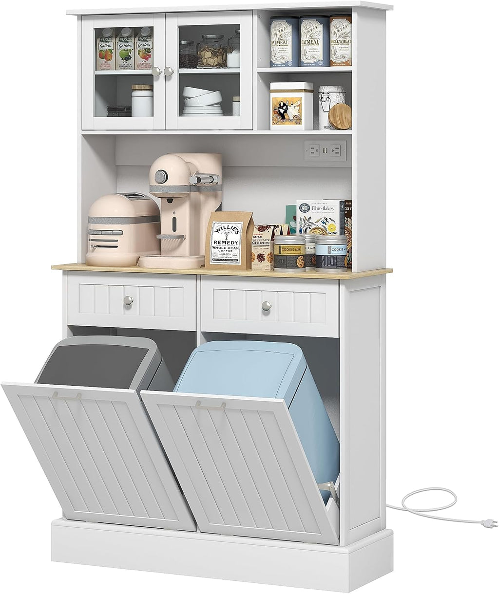 68' Charging Station Freestanding Storage Cabinet, Kitchen Storage Bakers Rack with Tilt-Out Trash Cabinets, Utility Food Cupboard with Adjustable Shelf for Kitchen Living Spaces, White
