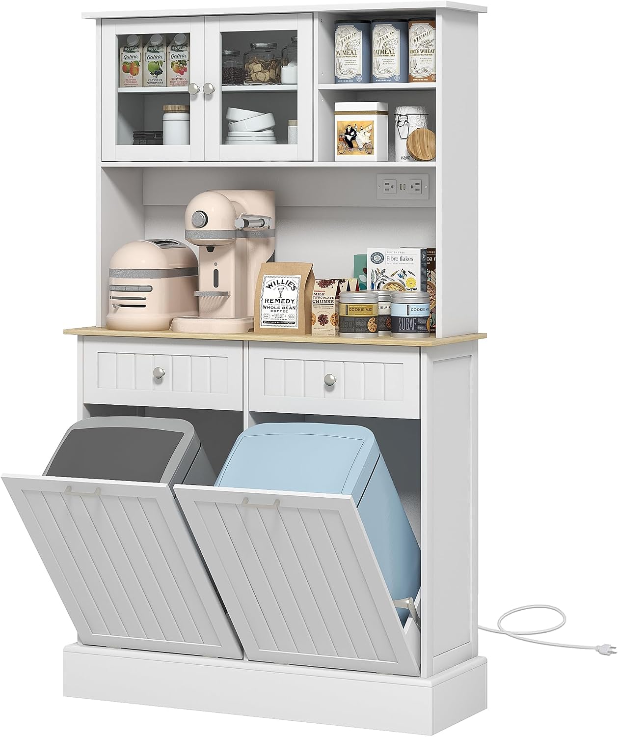 68' Charging Station Freestanding Storage Cabinet, Kitchen Storage Bakers Rack with Tilt-Out Trash Cabinets, Utility Food Cupboard with Adjustable Shelf for Kitchen Living Spaces, White