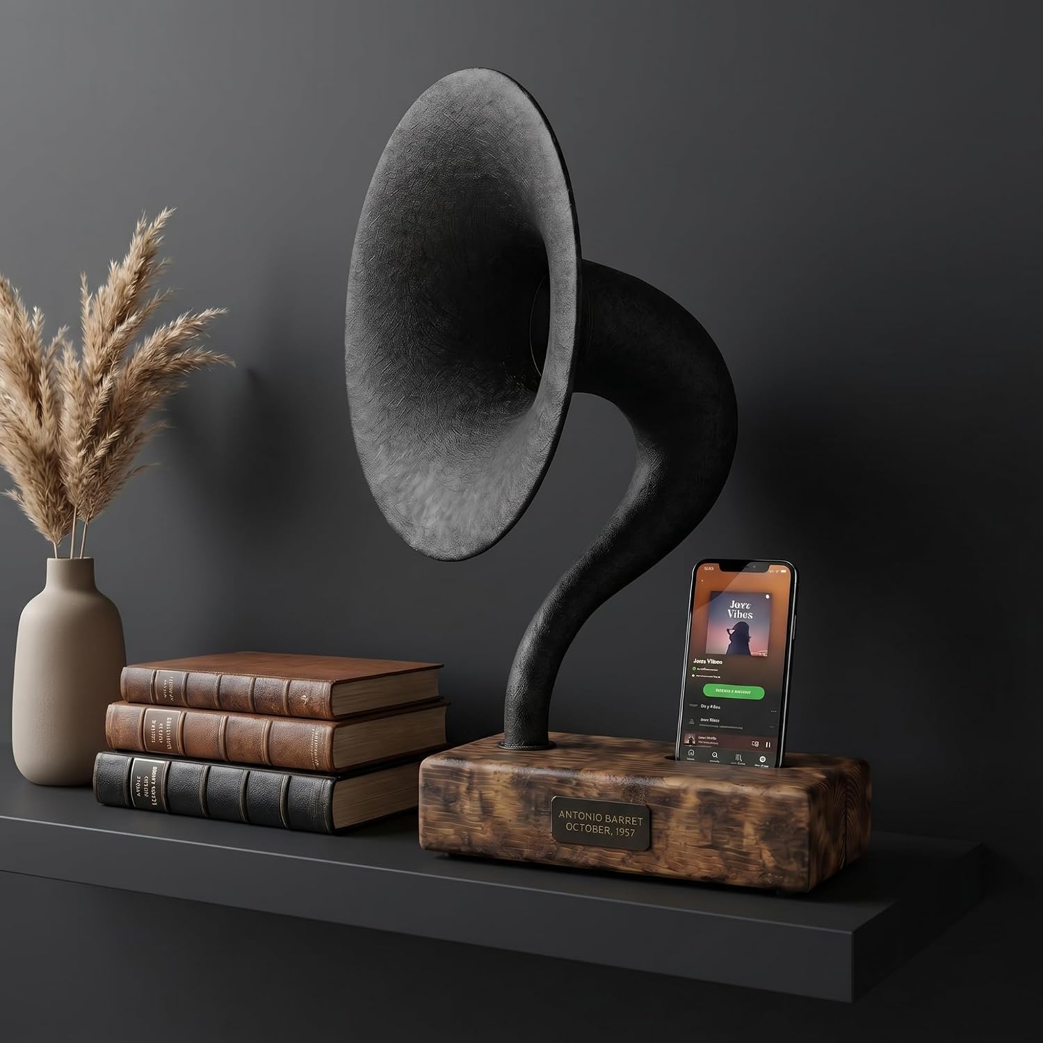 Handmade Acoustic Phone Speaker, Gramophone Phone Amplifier, Vintage Passive Speaker for Home Decor, Office Furniture Gift, Unique Handmade Smart Phone Dock - 15' Aged Oak & Cast Black