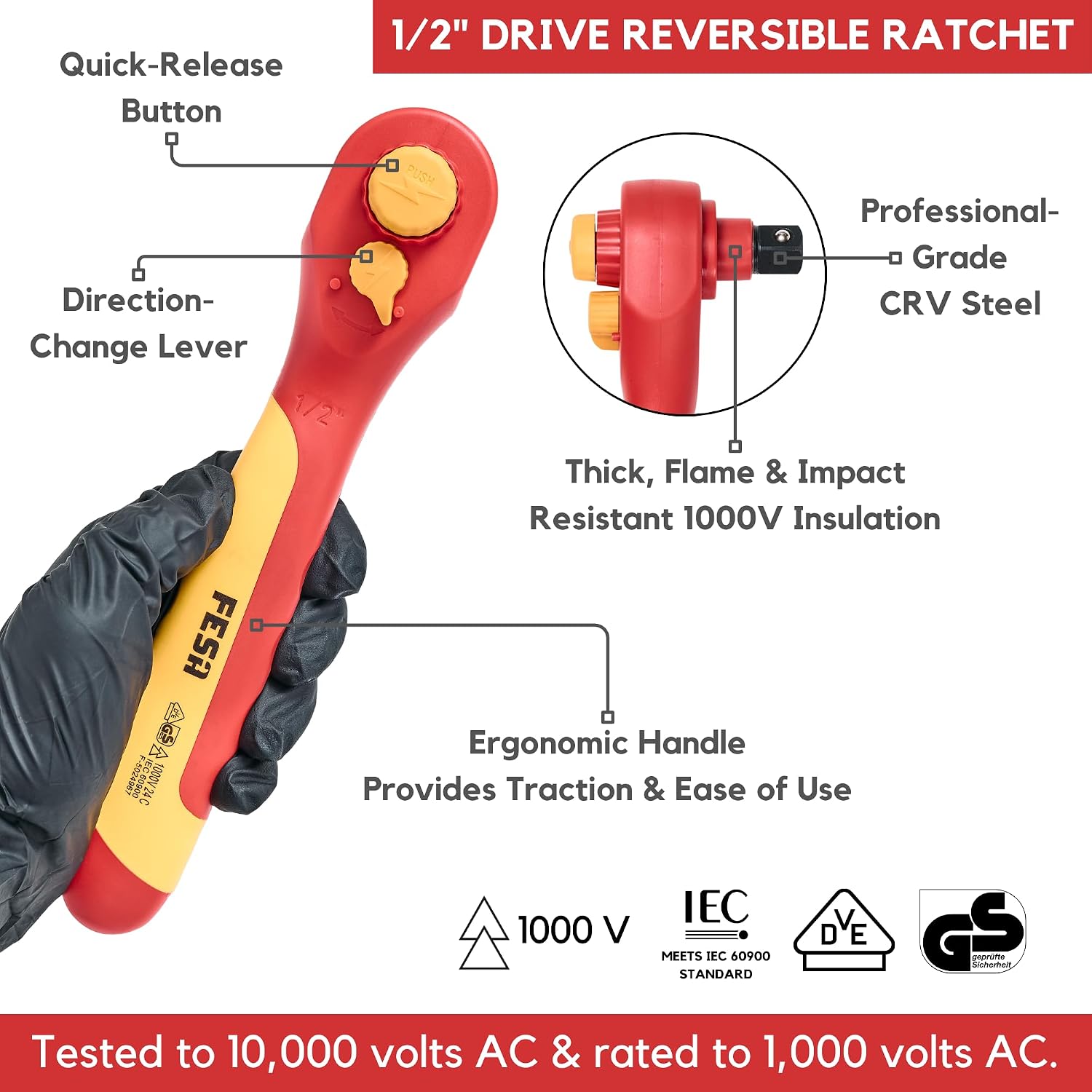FESA Electrician Insulated Socket Set - 1000V 20-Piece Professional Insulated Ratchet & Socket Wrench Set (1/2' Drive) w/ 4 Hex Bits, T-Handle & Extension - 1000 Volt Insulated Tools for Electricians