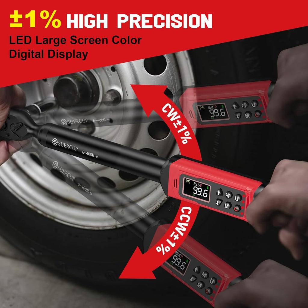 SUERCUP 1/2' Digital Torque Wrench (4.4-295 Ft.lb / 6-400Nm) for Auto/Truck | ±1% Accuracy with Vibration/Buzzer/LED Alerts, 9 Presets & 5 Units, for Engine, Suspension, Trailer & Industrial Assembly