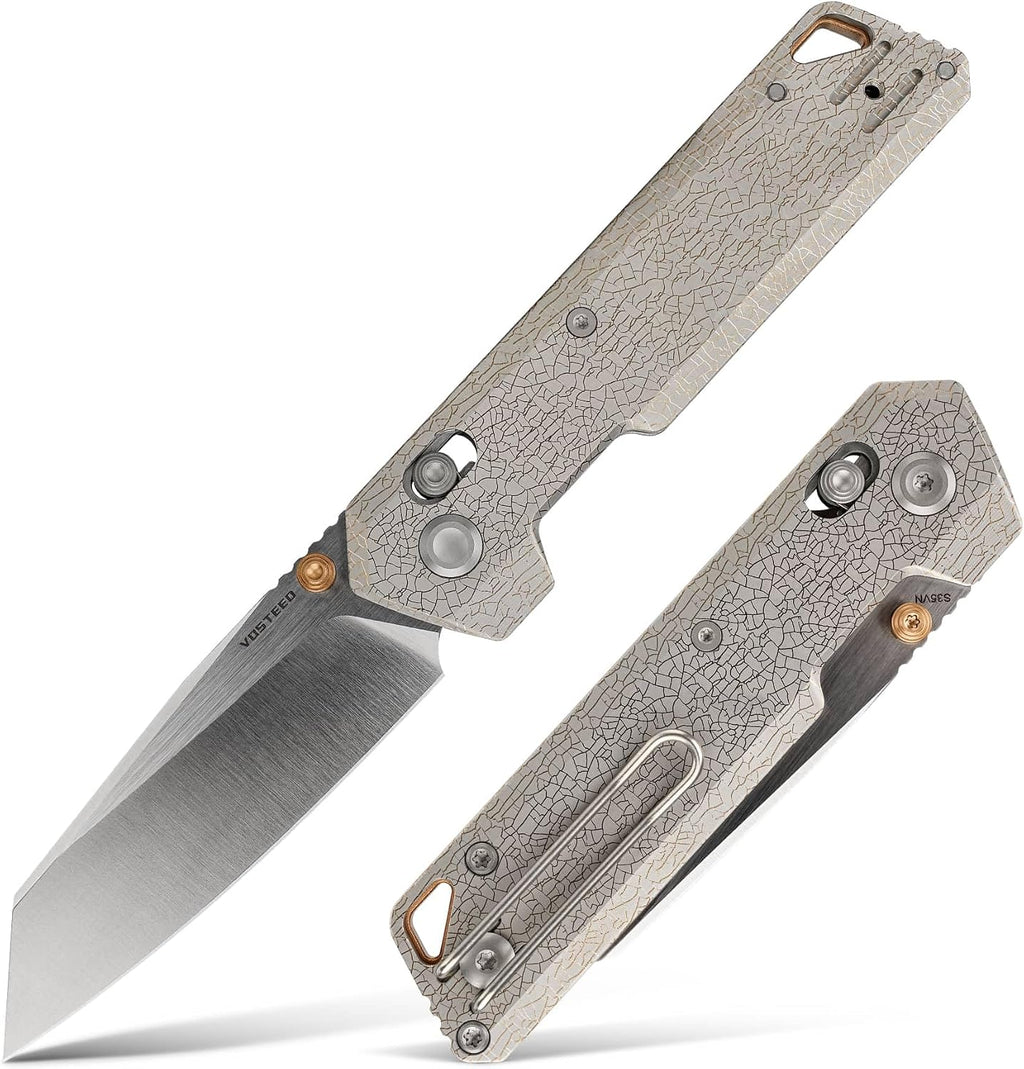 Vosteed Parallel EDC Pocket Knife - 2.90' S35VN Satin & Brushed Blade, Reverse Tanto - Crossbar Lock, Arctic Crackle Titanium Handle - Camping, Hunting Knives - A3509