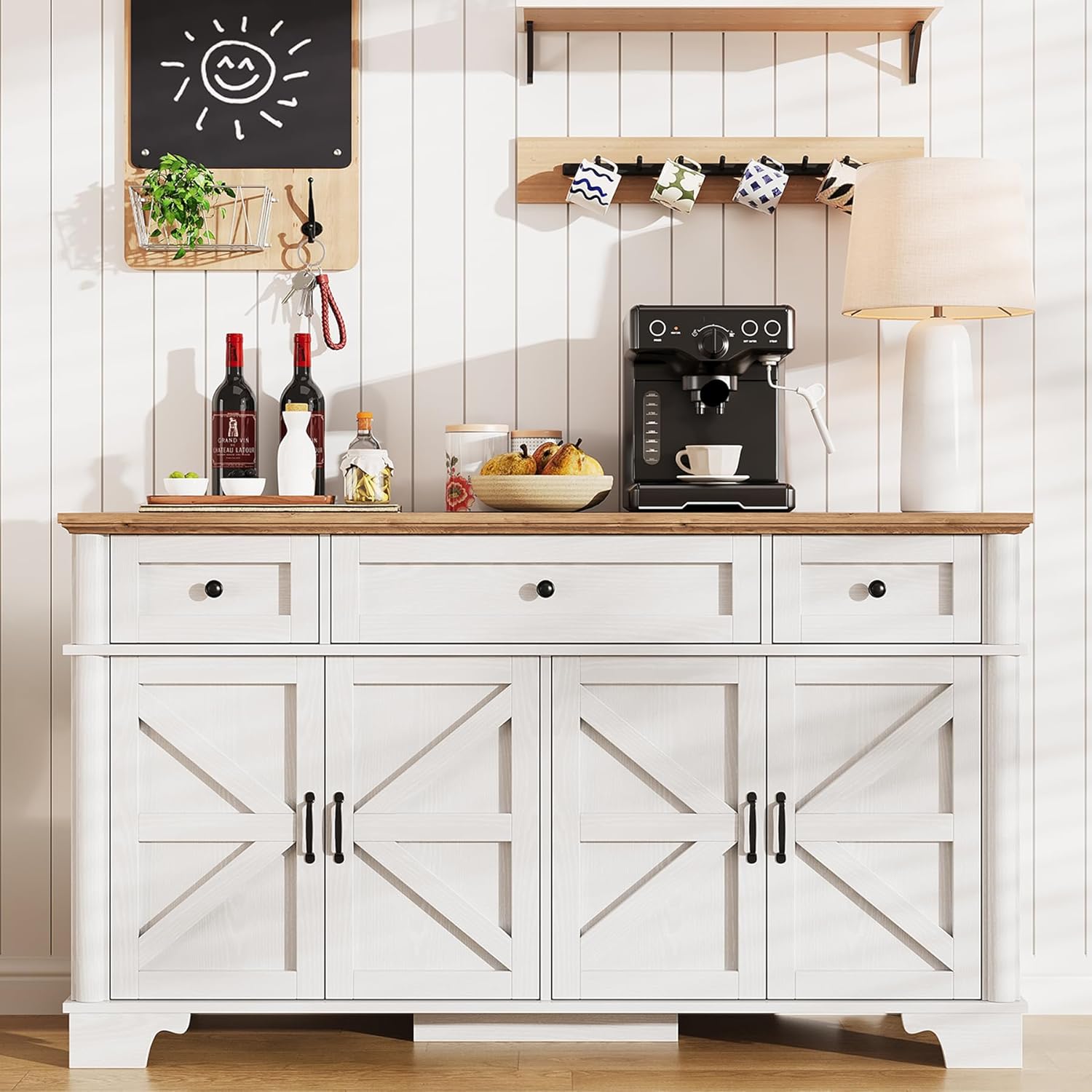 BestHaped Farmhouse Buffet Cabinet with Storage, 55 Inch White Sideboard Buffet Cabinet with Adjustable Shelves & 3 Drawers, Buffet Table Coffee Bar Wine Bar Storage for Kitchen & Living Room