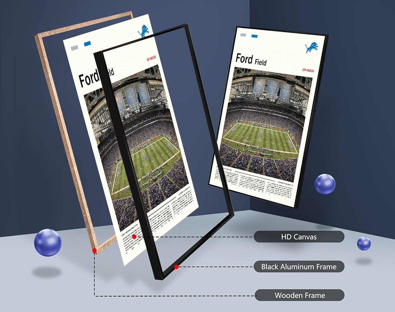 (Metal Frame 24'x36') FordField Canvas Print – Detroit Home Field Wall Art for Lions Fans, Sports poster for Game Room or Man Cave Decor