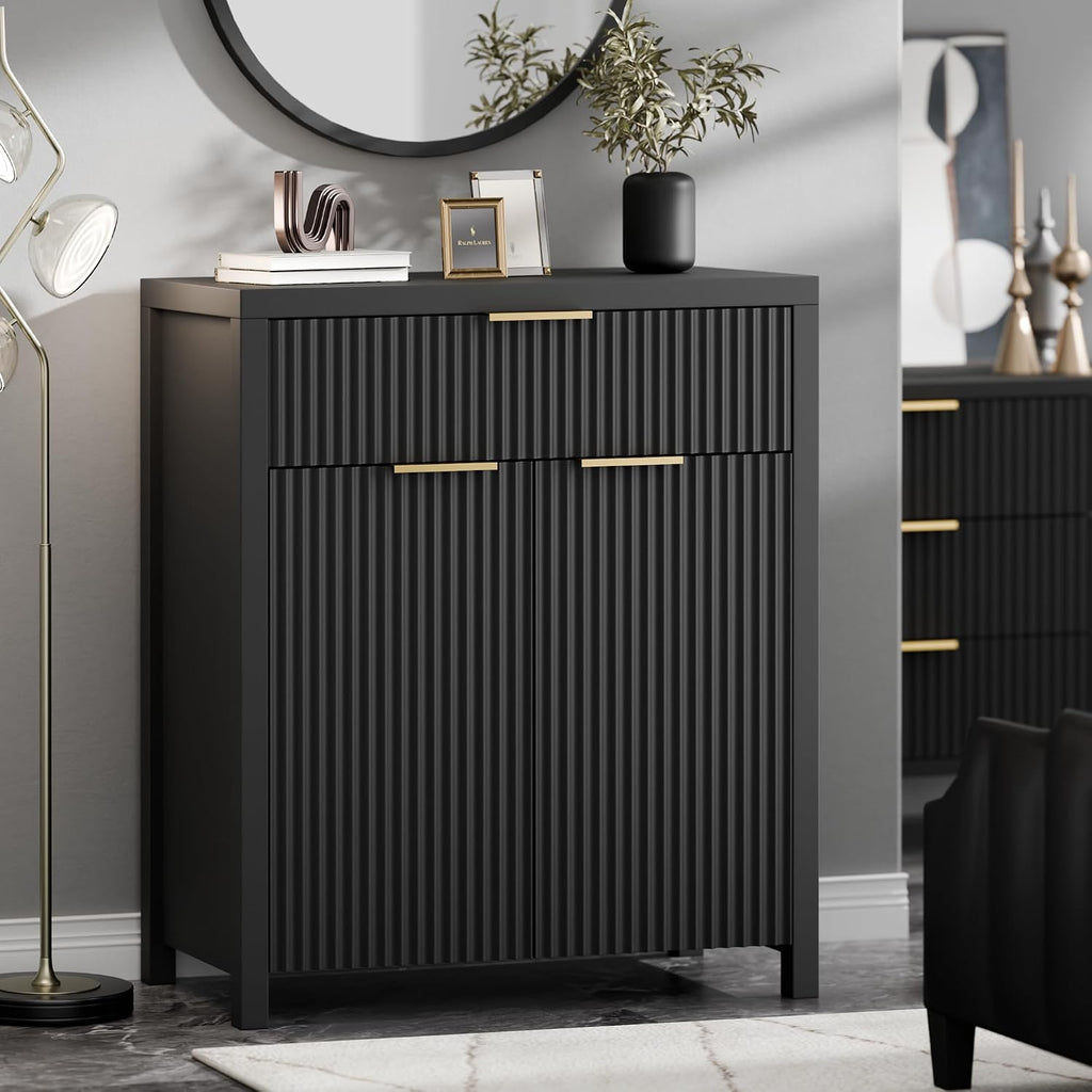 Lulive Black Fluted Storage Cabinet with Drawers Buffet Sideboard Cabinet with Adjustable Shelves for Kitchen Living Room, Kitchen, Entryway