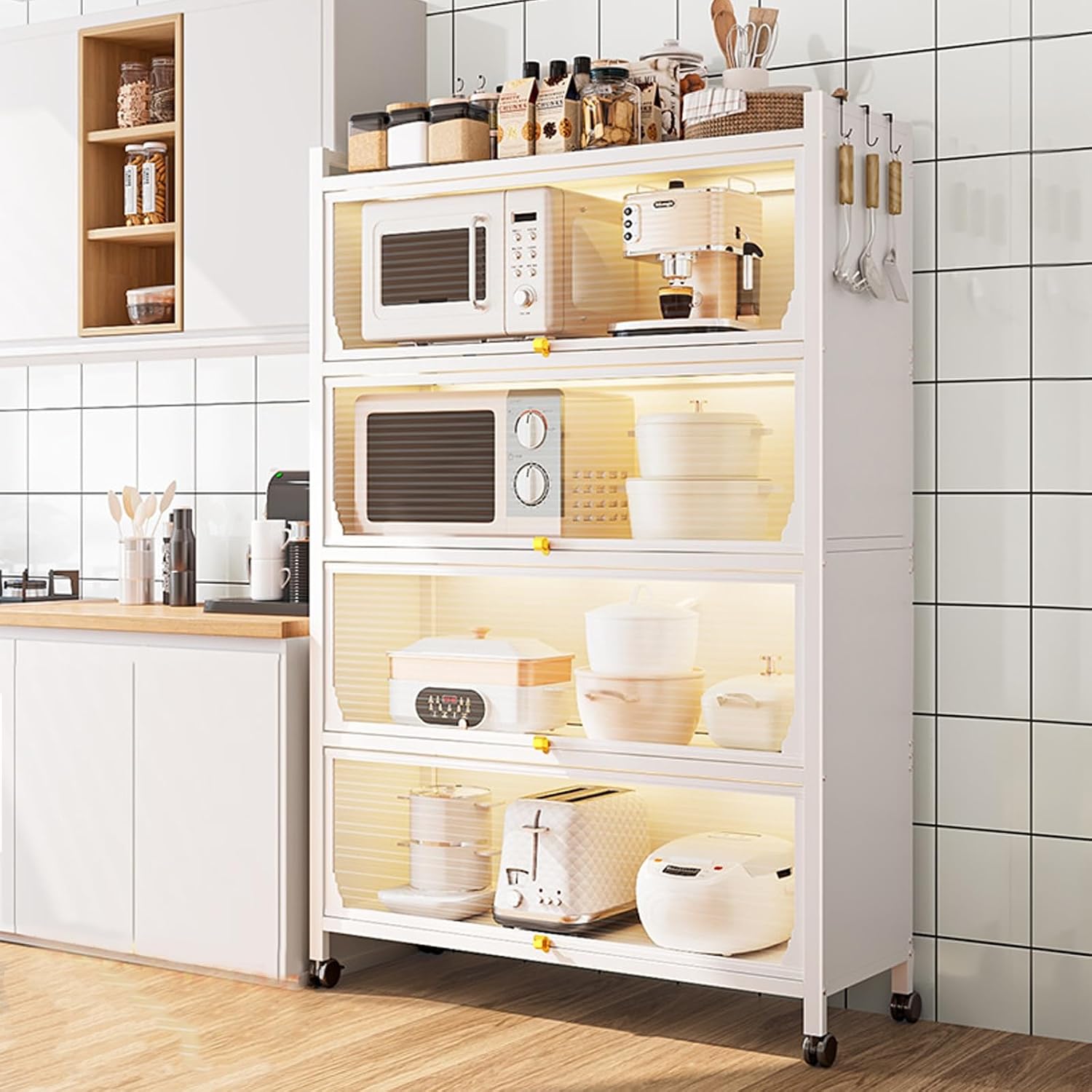 Freestanding 5-Tier Kitchen Baker's Rack Multi-Layer Microwave Storage Cabinet Metal Shelf for Kitchen Space-Saving Microwave Stand with Storage Options(White-70Cm/27.5)