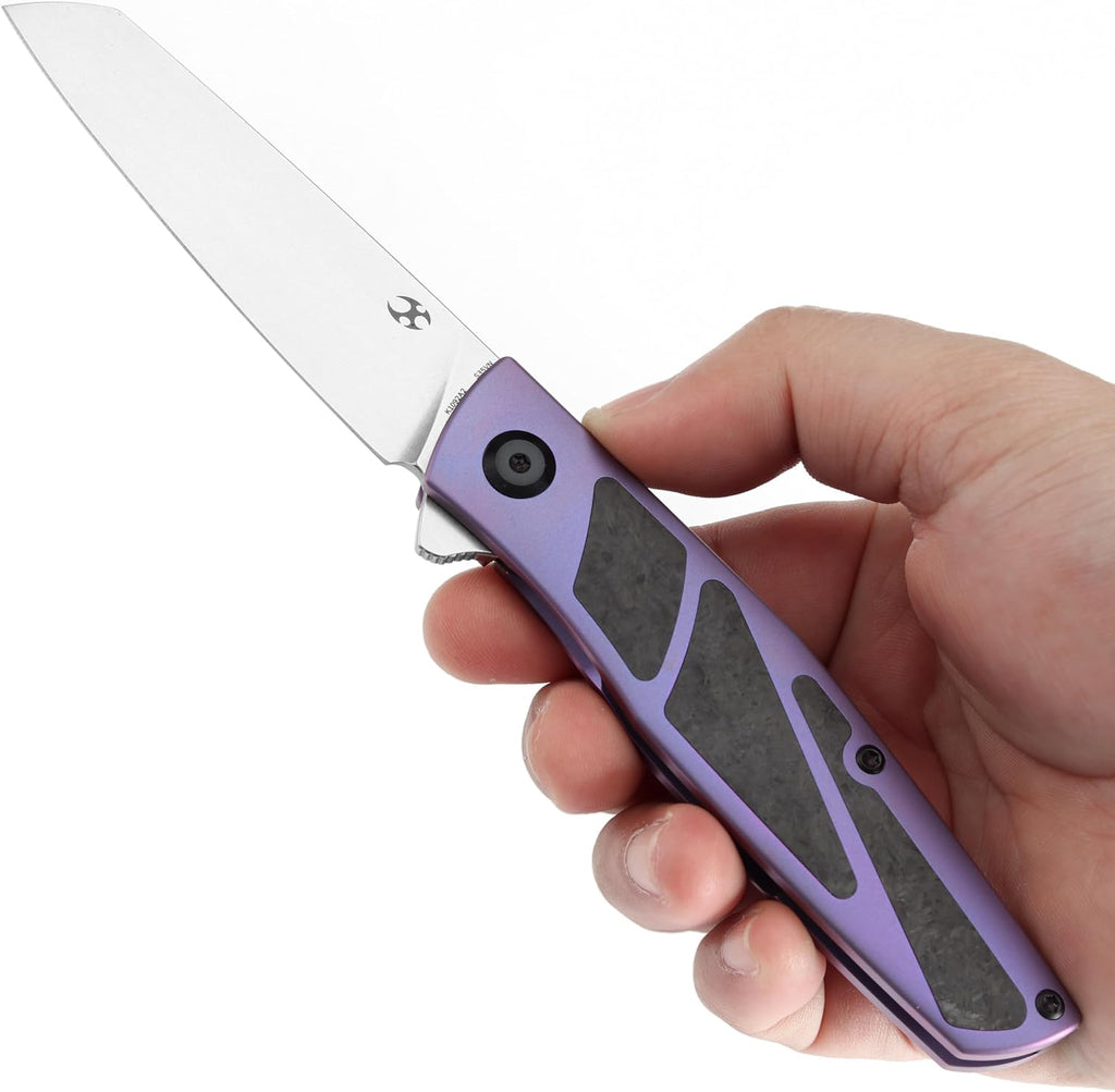 KANSEPT Cru Camping Pocket Knives for Men 8.19' Folding Pocket Knives with 3.46' Stonewashed CPM S35VN and Purple Anodized Titanium & Shred Carbon Fiber Handle for Outdoor, Tactical, Survival K1092A2