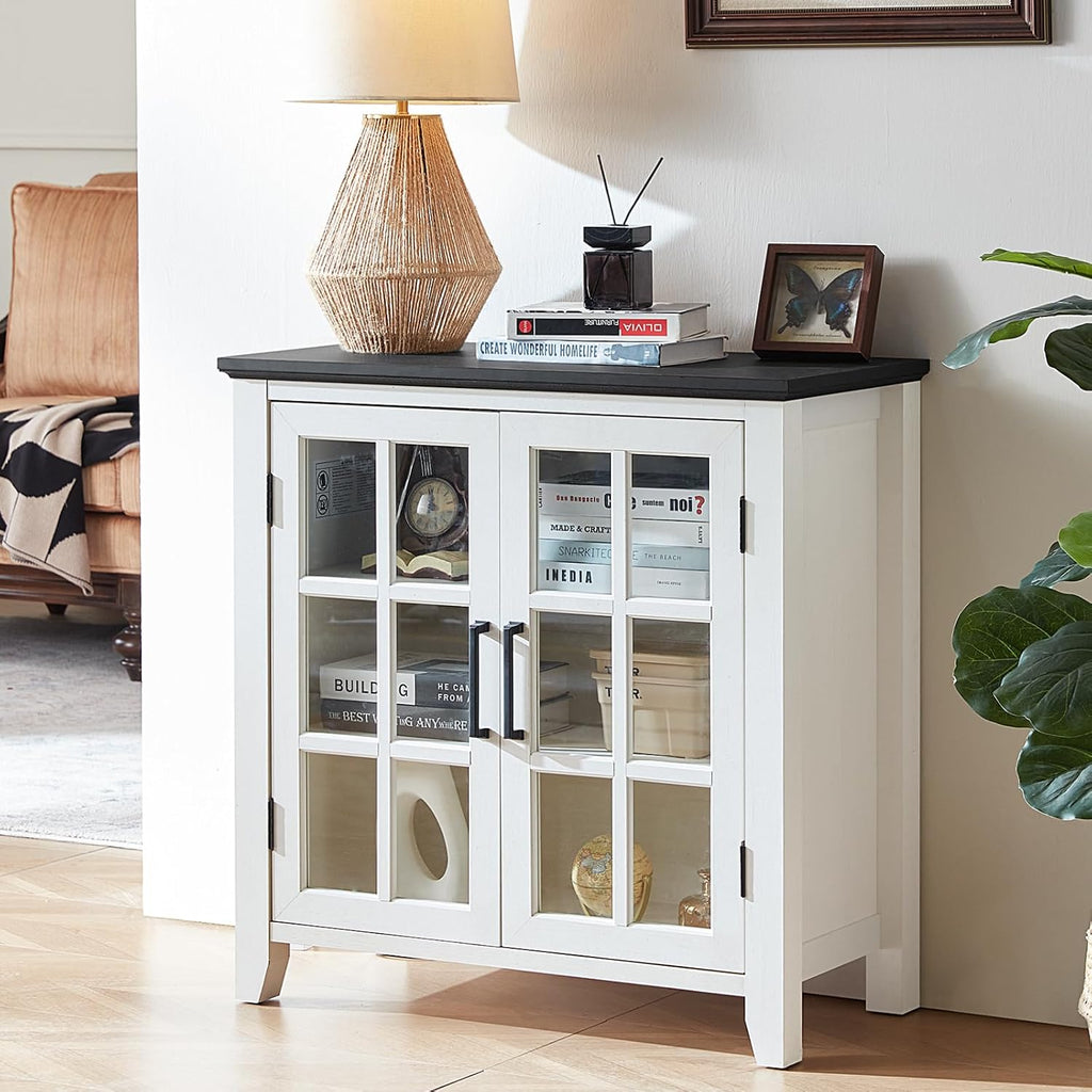 Joaxswe Sideboard Buffet Cabinet with Storage, 32' Farmhouse Kitchen Coffee Wine Bar Cabinet with 2 Glass Doors, Wood Mid Century Modern Side Board Table for Dining Room, Living Room, White