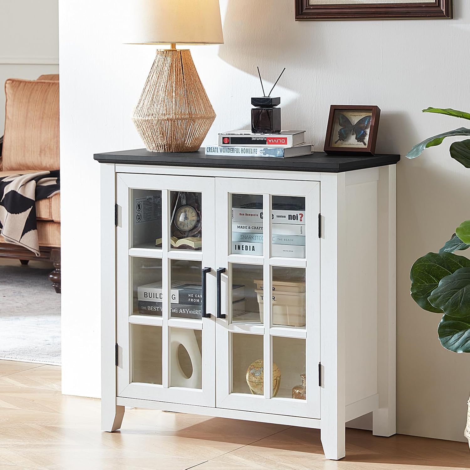 Joaxswe Sideboard Buffet Cabinet with Storage, 32' Farmhouse Kitchen Coffee Wine Bar Cabinet with 2 Glass Doors, Wood Mid Century Modern Side Board Table for Dining Room, Living Room, White