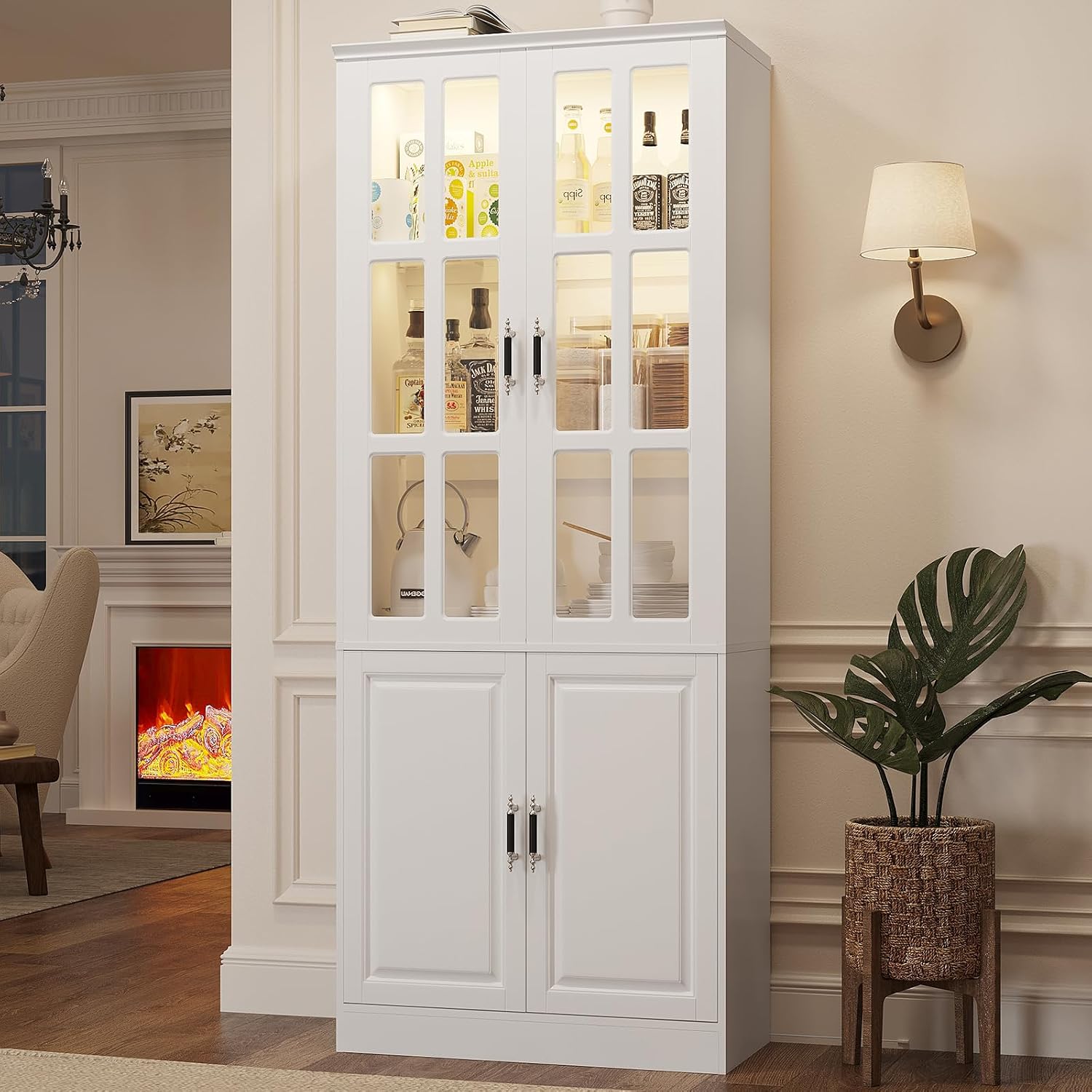 MEISSALIVVE Kitchen Pantry Storage Cabinet with LED Lights, 78.7' Tall with Glass Doors & Drawers, Freestanding Utility Cabinet, White (31.5' W x 15.7' D)
