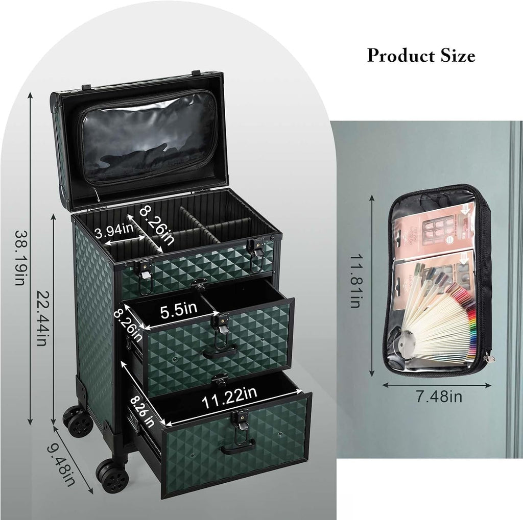 Professional Rolling Makeup Train Case with Drawers, Makeup Case on Wheels, Nail Tech Rolling Cart Storage Organizer Trolley Make up Case for Travel Makeup/Nail Art/Hair Styling, Dark Green
