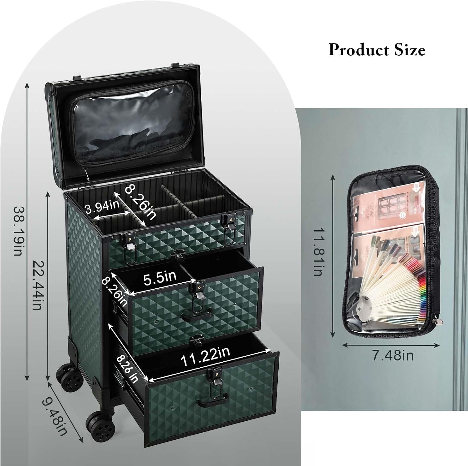 Professional Rolling Makeup Train Case with Drawers, Makeup Case on Wheels, Nail Tech Rolling Cart Storage Organizer Trolley Make up Case for Travel Makeup/Nail Art/Hair Styling, Dark Green