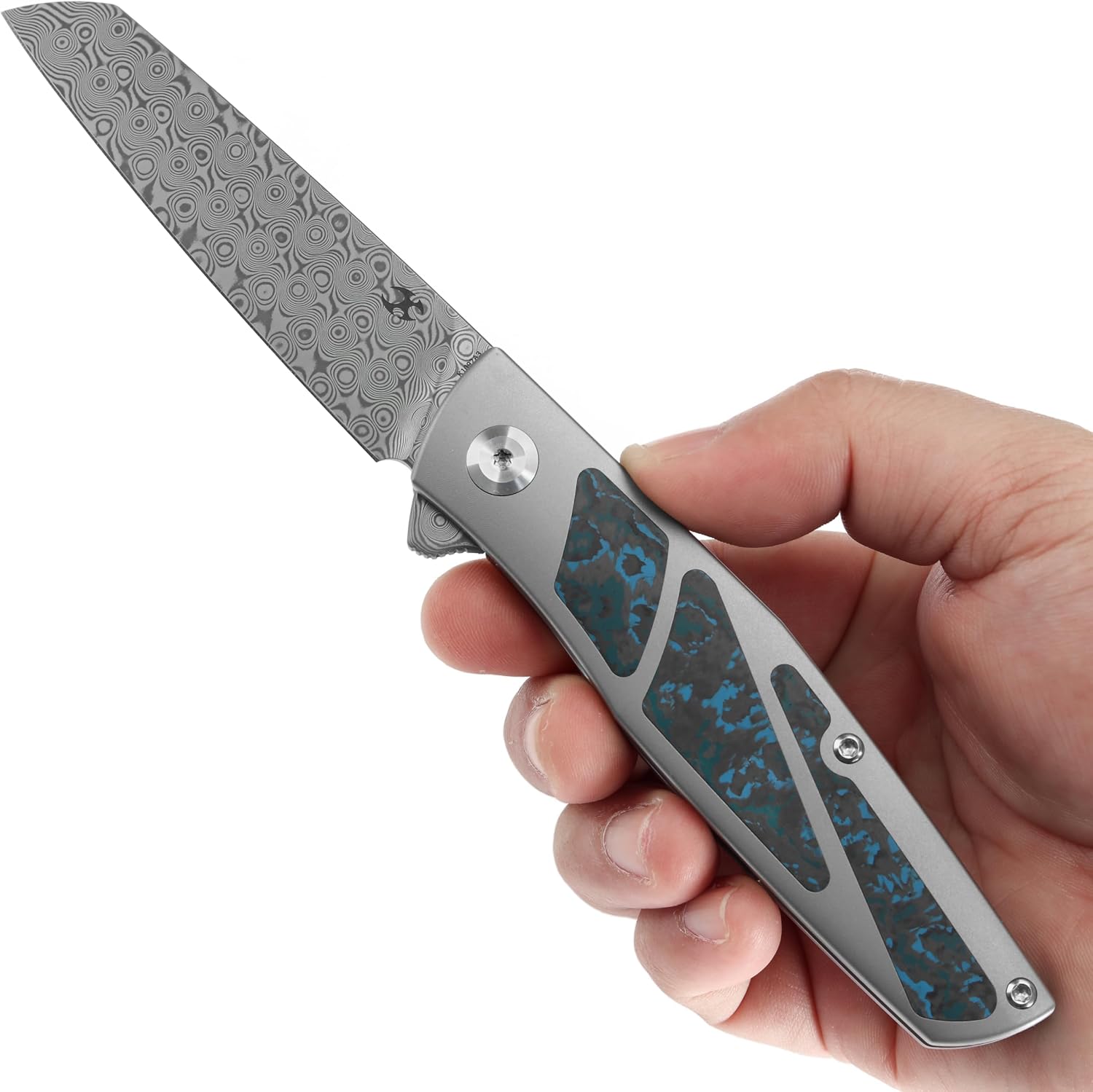 KANSEPT Cru Camping Pocket Knives for Men 8.19' Folding Pocket Knives with 3.46' Damascus and Purple Plain Titanium & Artic Storm Fatcarbon Handle for Outdoor, Tactical, Survival K1092A3
