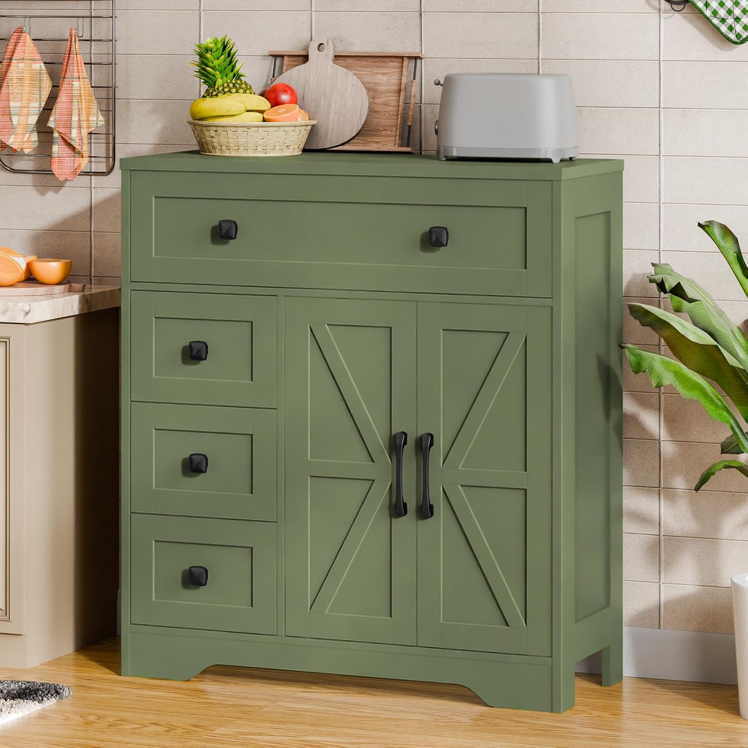 Vabches Farmhouse Storage Cabinet with 2 Doors and 4 Drawers, Freestanding Bathroom Storage Cabinet Kitchen Pantry, Floor Hutch Cupboard for Bathroom/Living Room/Kitchen.Green
