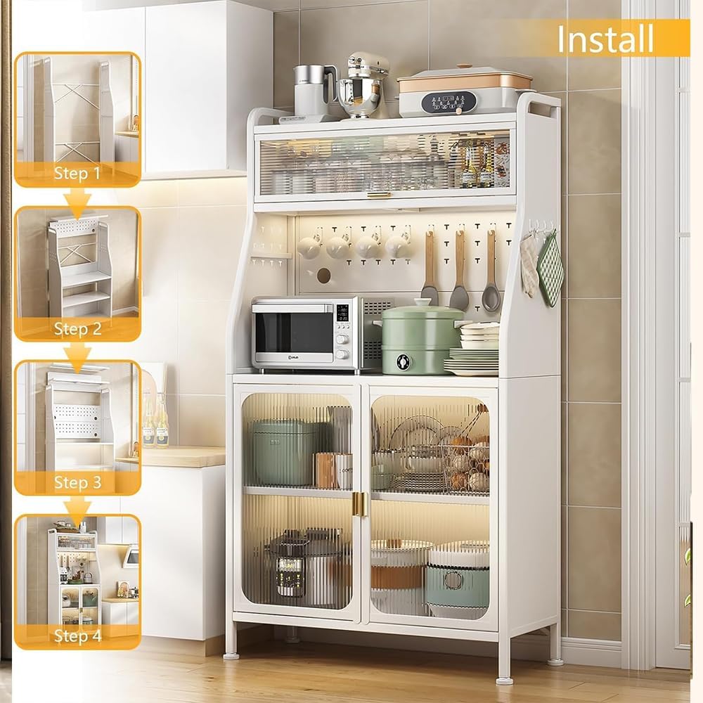 Kitchen Storage Cabinet, 5-Tier Microwave Stand, Kitchen Storage Shelf Rack, Metal Utility Storage Shelf, Standing Bakers Rack with Door Cabinet,Black