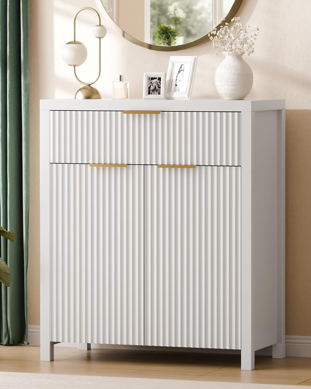 Lulive White Fluted Storage Cabinet with Drawers Buffet Sideboard Cabinet with Adjustable Shelves for Kitchen Living Room, Kitchen, Entryway