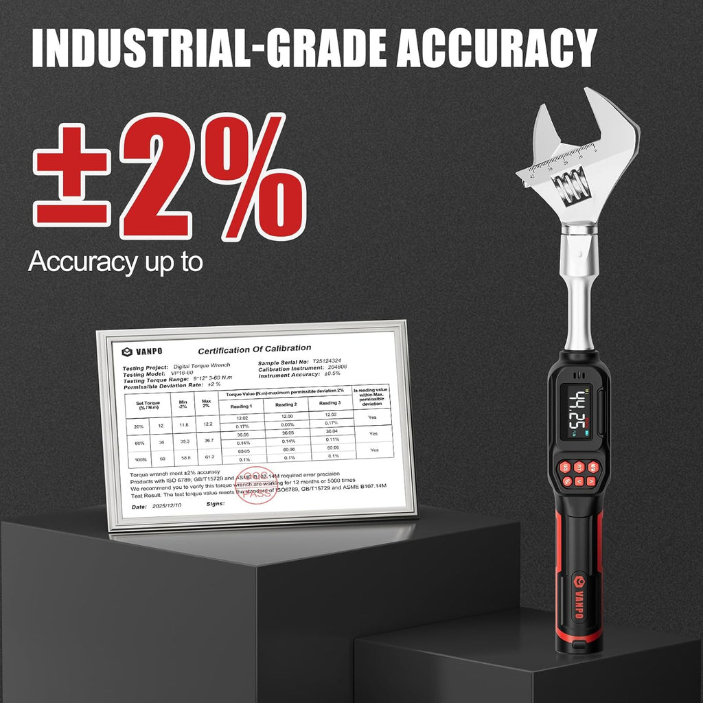 VANPO Adjustable Digital Torque Wrench, 2.2-44.3 Ft.lb/3-60Nm, ±2% Accuracy, HVAC Torque Wrench with Interchangeable 42mm Jaw & 3/8' Ratchet Head, Buzzer and LED Alert for Split AC, Moto