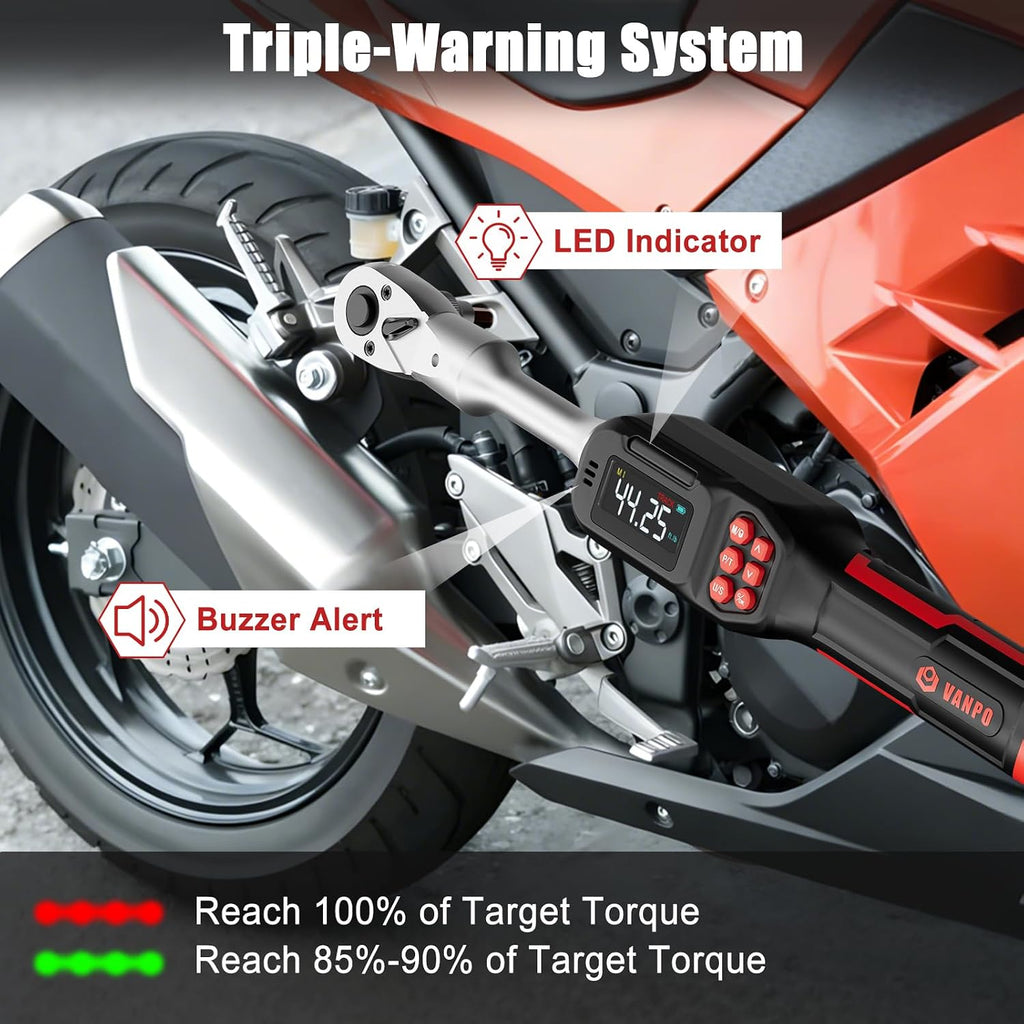 VANPO Adjustable Digital Torque Wrench, 2.2-44.3 Ft.lb/3-60Nm, ±2% Accuracy, HVAC Torque Wrench with Interchangeable 42mm Jaw & 3/8' Ratchet Head, Buzzer and LED Alert for Split AC, Moto