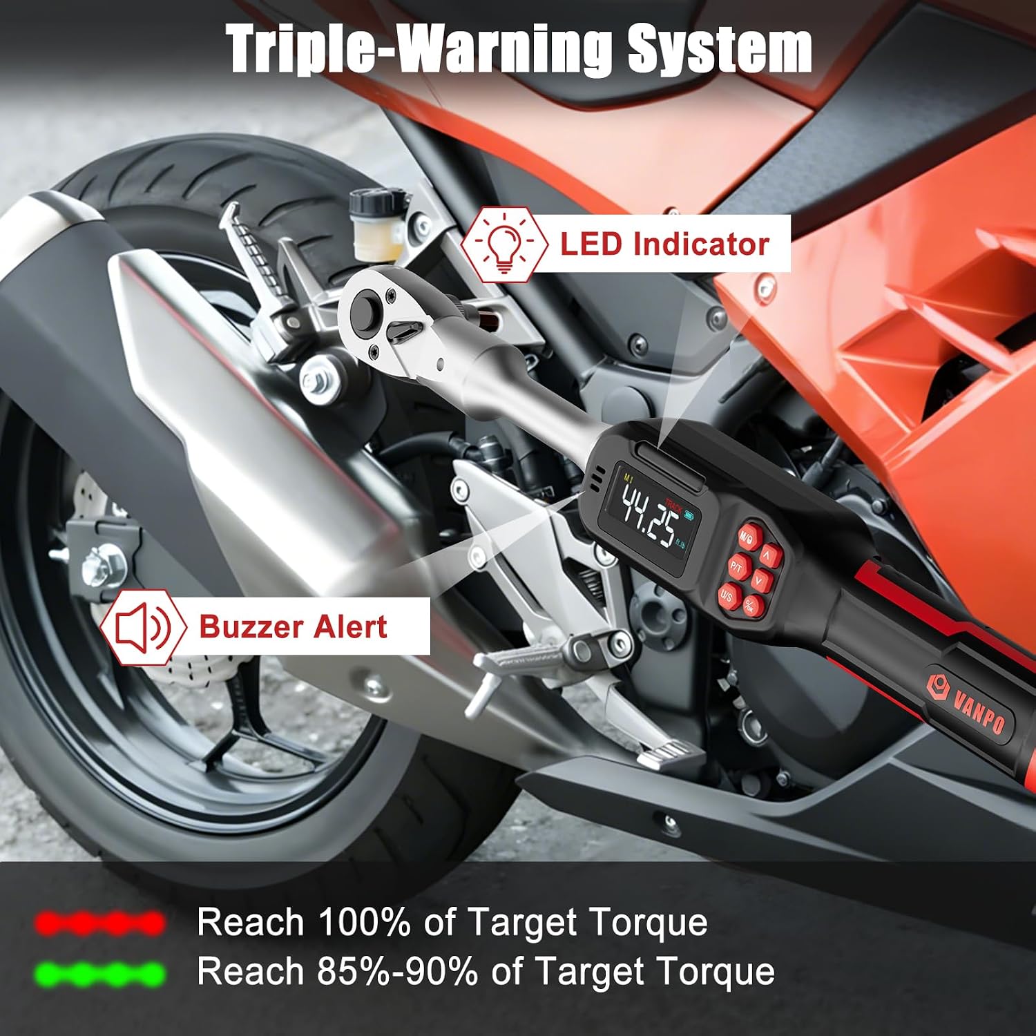 VANPO Adjustable Digital Torque Wrench, 2.2-44.3 Ft.lb/3-60Nm, ±2% Accuracy, HVAC Torque Wrench with Interchangeable 42mm Jaw & 3/8' Ratchet Head, Buzzer and LED Alert for Split AC, Moto