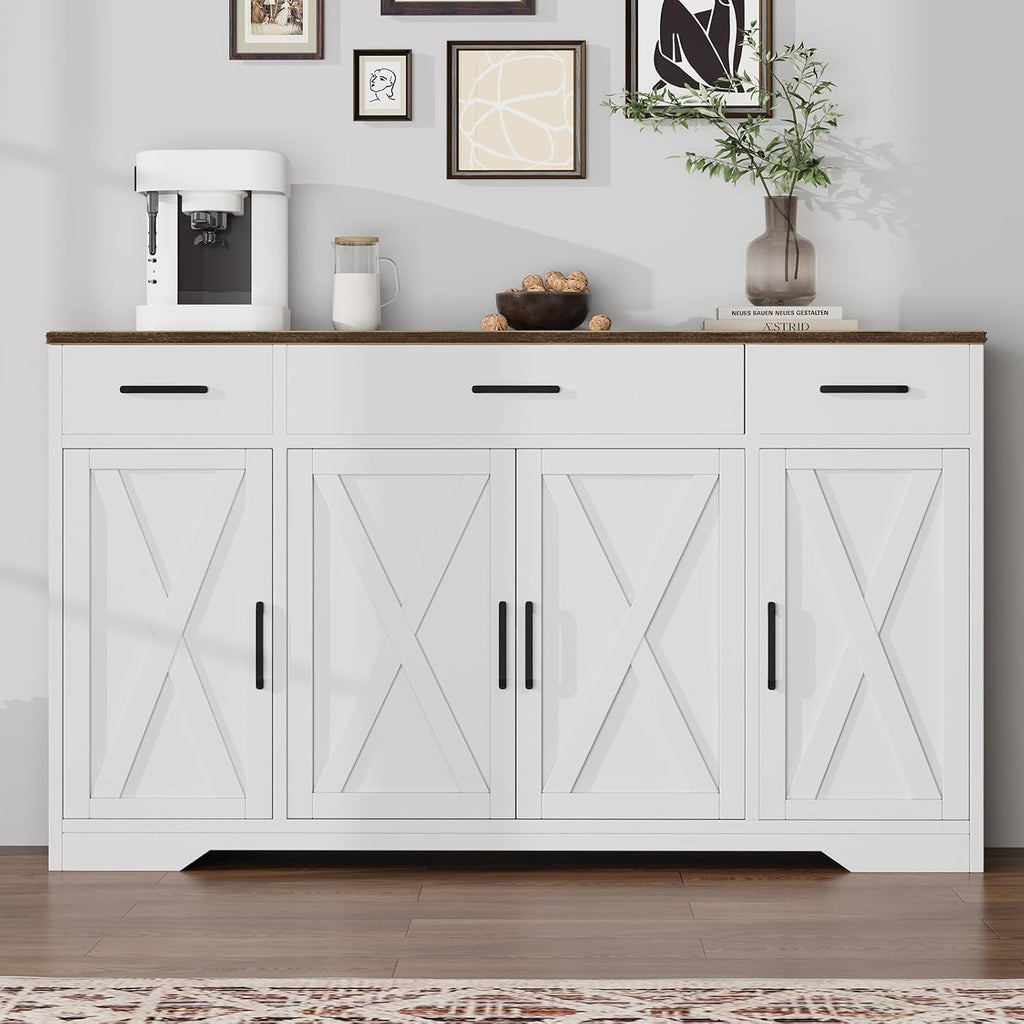 55' Sideboard with Storage Kitchen Storage Cabinet with 3 Drawers, Modern Large Wood Farmhouse Buffet Cabinet TV Stand Coffee Bar for Living Room Hallway