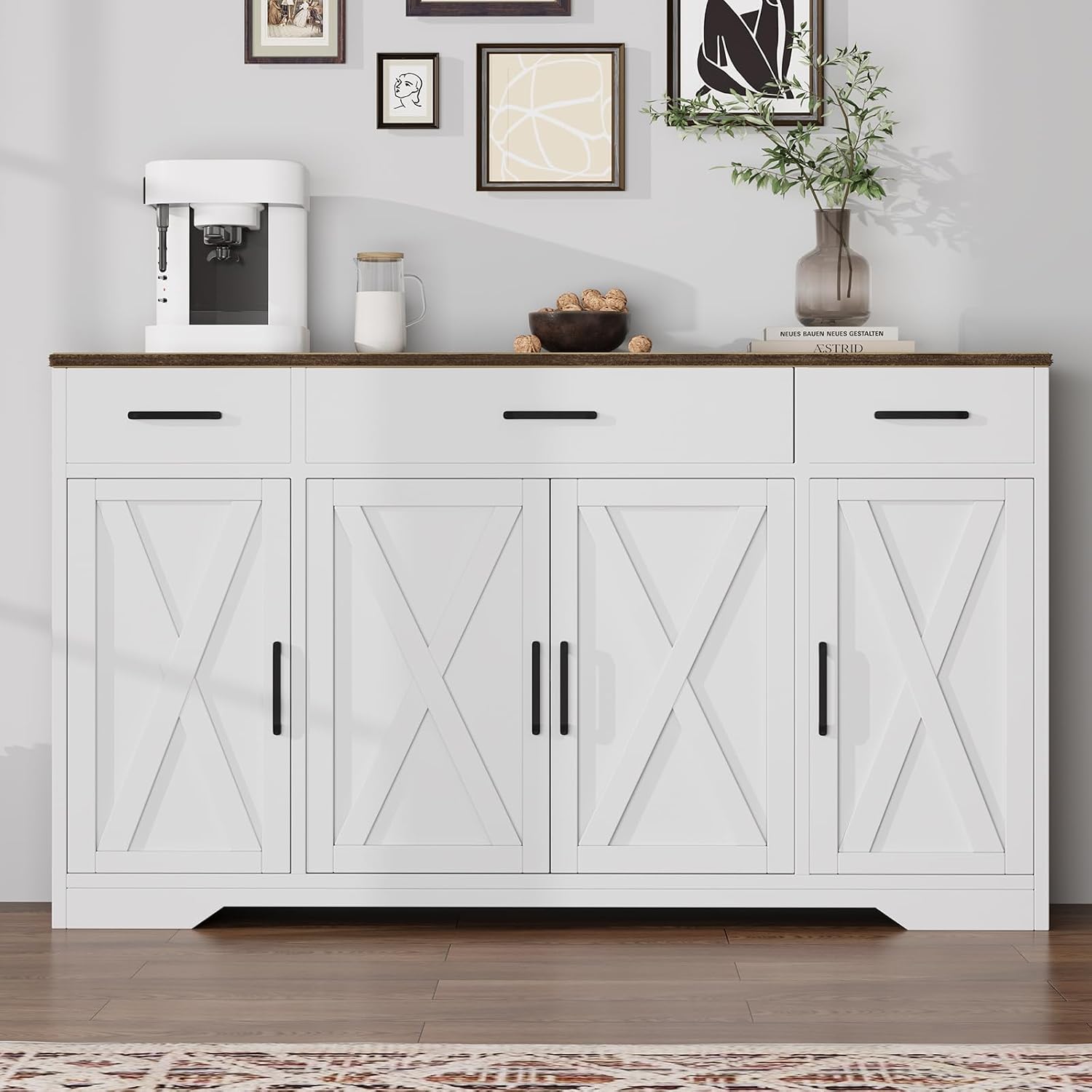 55' Sideboard with Storage Kitchen Storage Cabinet with 3 Drawers, Modern Large Wood Farmhouse Buffet Cabinet TV Stand Coffee Bar for Living Room Hallway