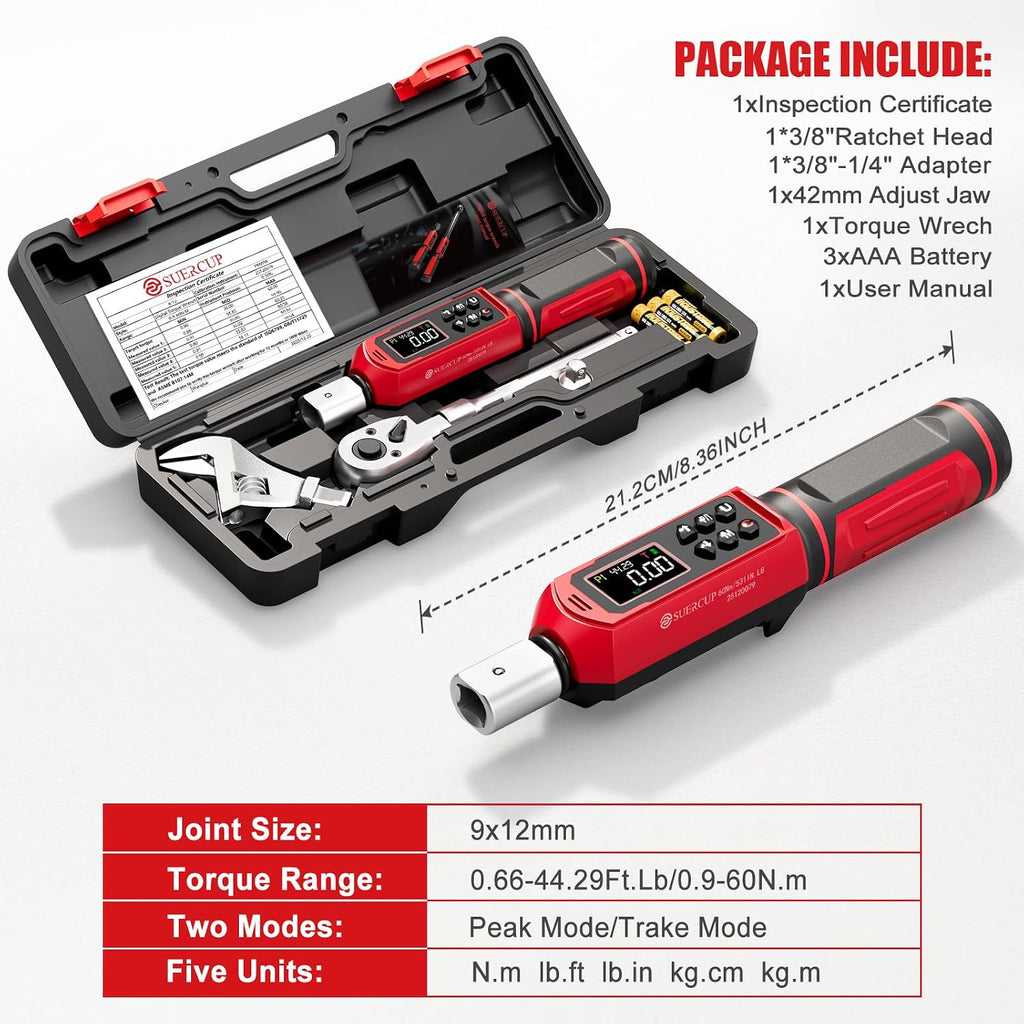 SUERCUP 9x12 mm Adjustable Digital Torque Wrench, 0.66-44.29Ft.Lb/0.9-60N.m | Interchangeable Open End Head 42mm Jaw & 3/8' Ratchet, Vibration/Buzzer/LED Alert, for Split AC, HVAC, Bike & Moto Repair