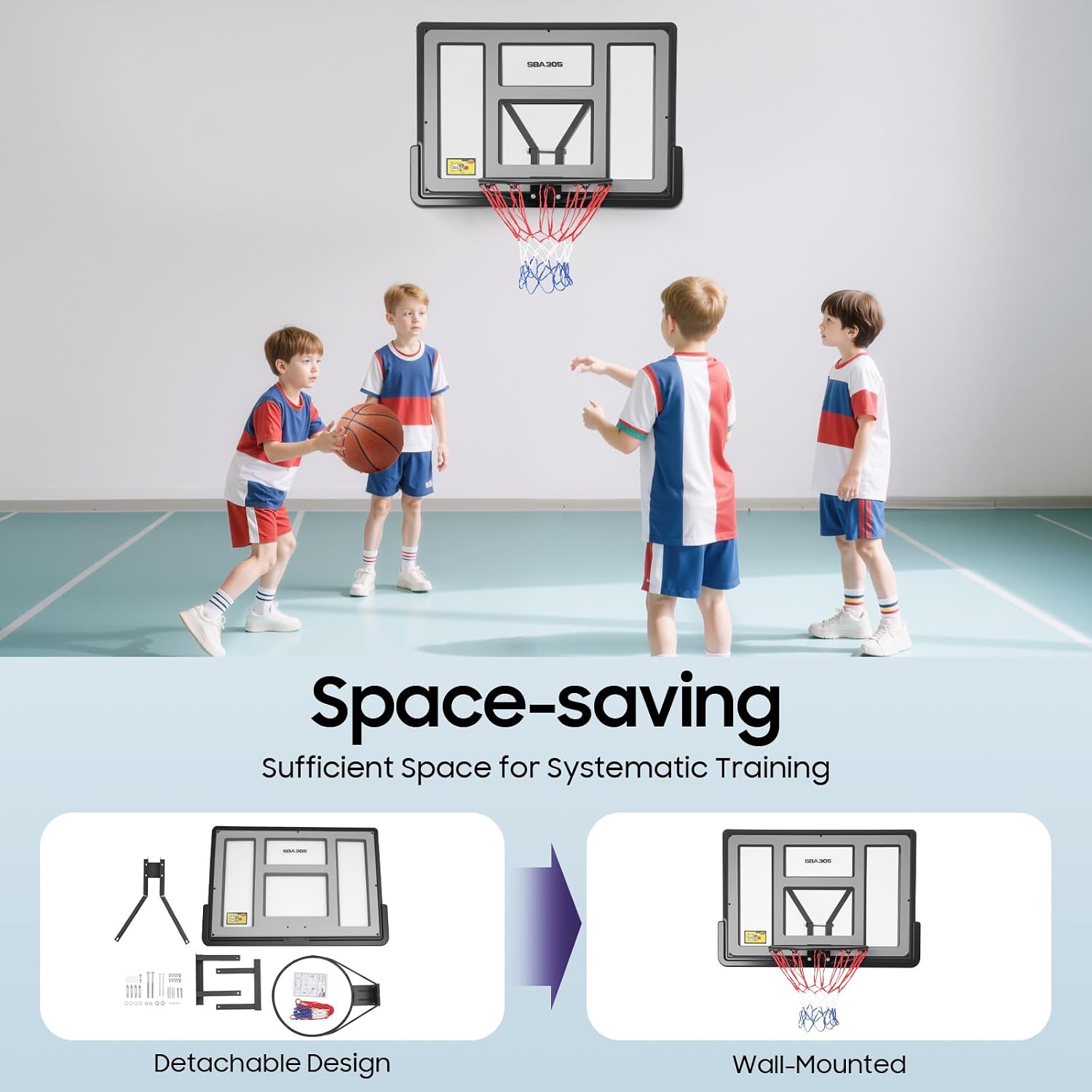 44'' Basketball Backboard and Rim Combo, Wall Mounted Basketball Hoops PET Shatter Proof Backboard and Competition Combo Durable Rim All-Weather Net for Indoor and Outdoor Use