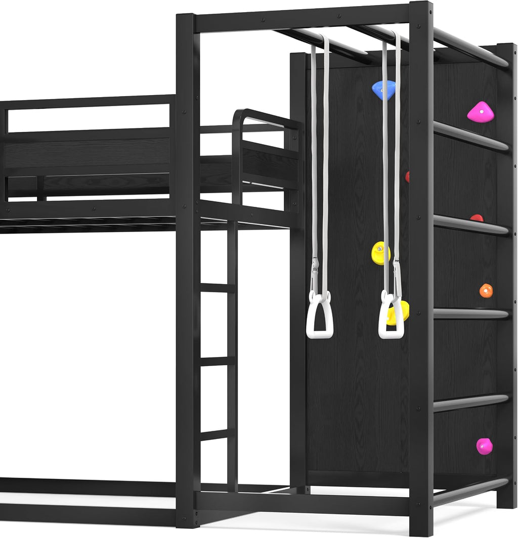 Twin XL Bunk Bed with Slide, Basketball Hoop & Pull-Up Rings, Industrial Style Bunk Bed Frame with Slide, Bookshelf and Climbing Wall, Low Playhouse Loft Bed for Kids, Black