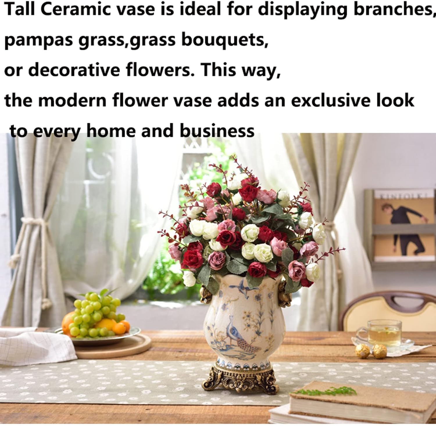 Vase Ceramic Tall Floor Vase Chinese Flower Vase for Art Home Décor Japanese Vase Shelf 8.3 Inch,Sophisticated Vessel for Decorative Branches and Dried Flower,Blue