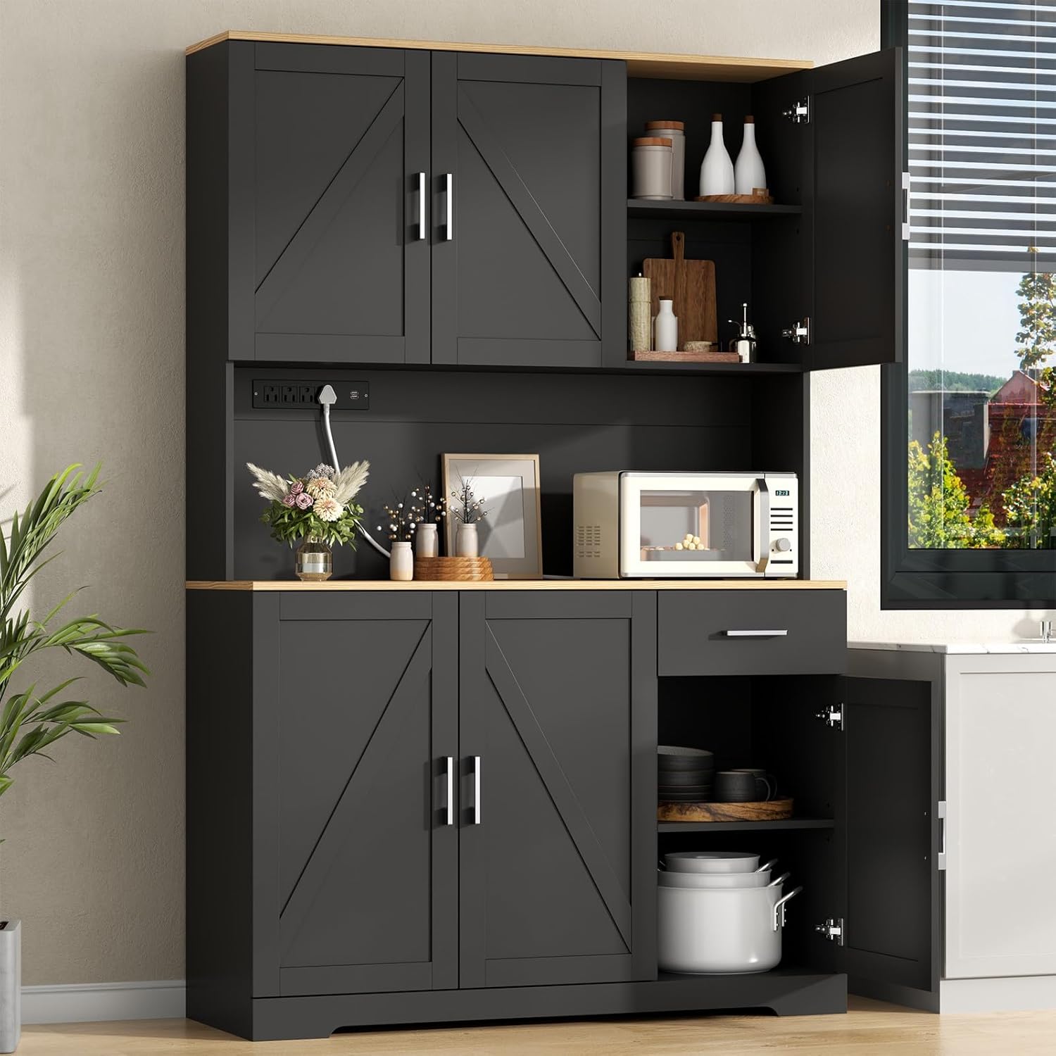 Gyfimoie 71'' Tall Kitchen Pantry Cabinet w/Power Outlet, Farmhouse Kitchen Storage Cabinet Freestanding Hutch w/Drawer, 4 Adjustable Shelf & 6 Doors for Dining (Black, 71''H x 40.24''W x15.28''D)