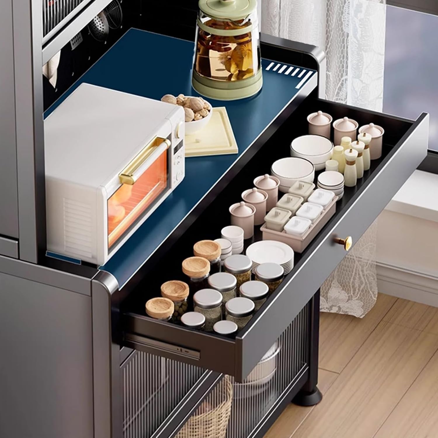 Freestanding Multi-Layer Kitchen Floor Cupboard，Microwave Storage Stand,Kitchen Bakers Rack with Drawer, Kitchen Cabinets with Worktop, Wide Tabletop, Large Capacity(White,80cm)